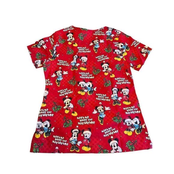 Disney Mickey Minnie Mouse Meet Me Under Mistletoe Christmas Scrub Top XS red - Picture 2 of 4